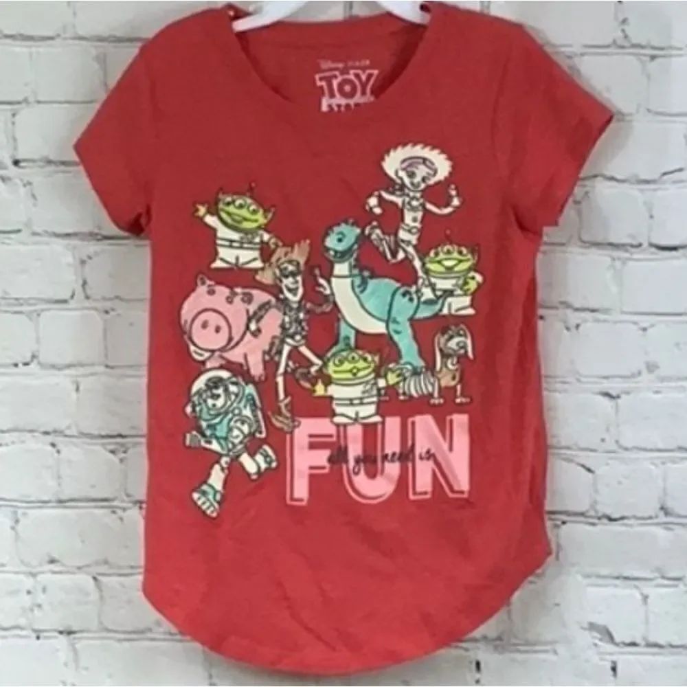 Disney Toy Story Girls S 6/6X Orange Short Sleeve Glitter Tee Shirt Buzz Woody